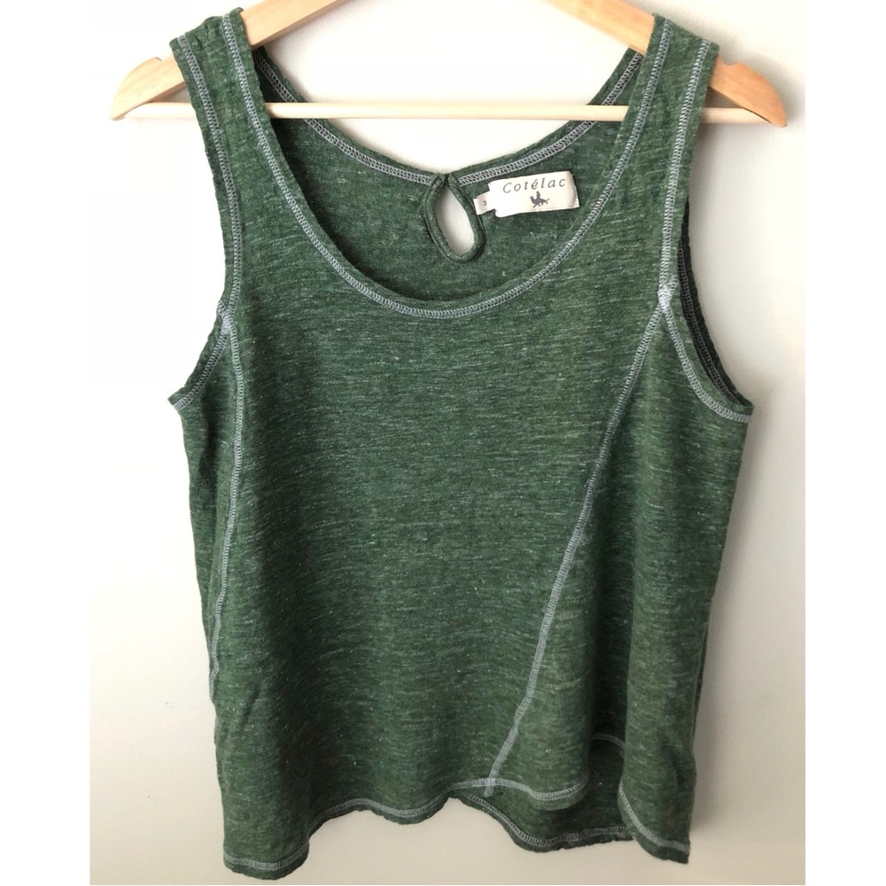 Cotélac • 3 • Green 100% Linen Flax Scoop Neck Tank Top Wavy Bottom Hemline